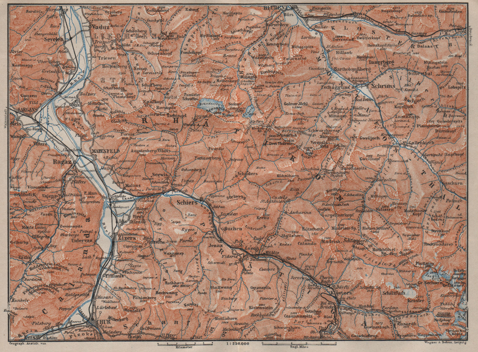BAD RAGAZ PRÄTIGAU MONTAFON ENVIRONS. Wangs Rätikon Bludenz Maienfeld 1905 map